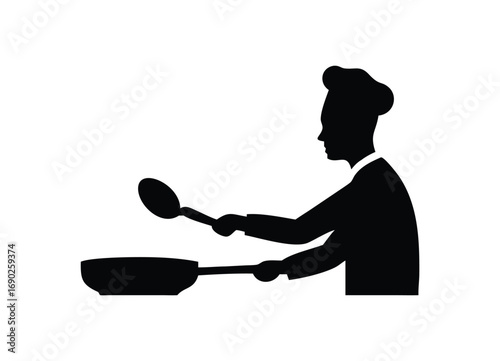 Silhouette of a chef cooking with a pan and spatula skillfully flipping food