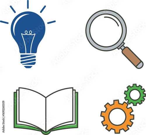 Four concept icons featuring lightbulb magnifying glass open book and gears for ideas and research vector