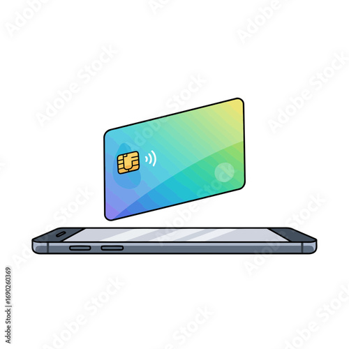 Modern flat design of a smartphone with a hovering digital card. Great for financial tech, mobile commerce, and innovative payment solutions.