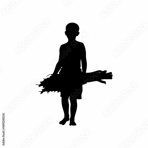 Silhouette of a boy collecting firewood isolated on white background
