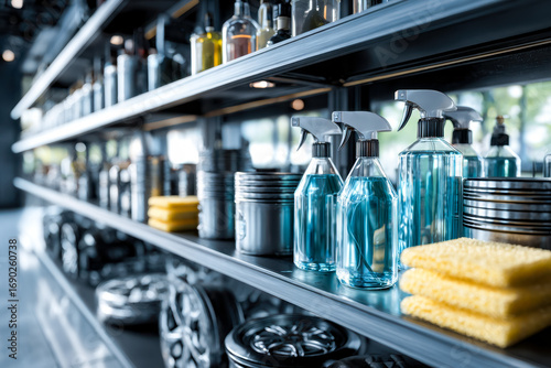 Organized shelf with cleaning supplies and kitchen essentials in a modern space