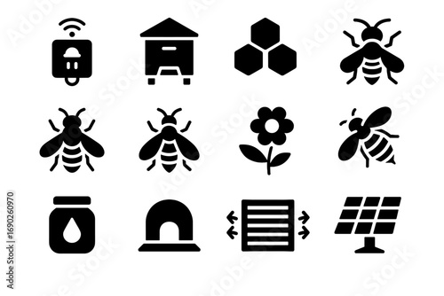 Icon hive jar beehive flower bee vector ventilation solar set tunnel system
