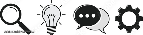 Creative icons representing search idea communication and gears for business growth concepts vector