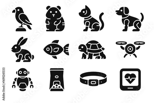 Robotic pet cat icons smart vector feeder icon interactive bird virtual monitor