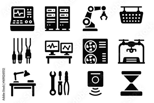 Server tech control units digital workbench monitors icons vector station docking lights