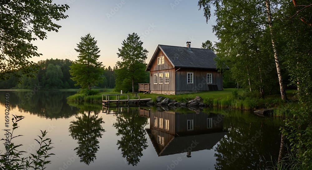 Fototapeta premium Peaceful Lakeside Cabin at Dawn.