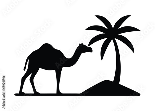 Silhouette of a camel and a palm tree on a small island representing desert oasis