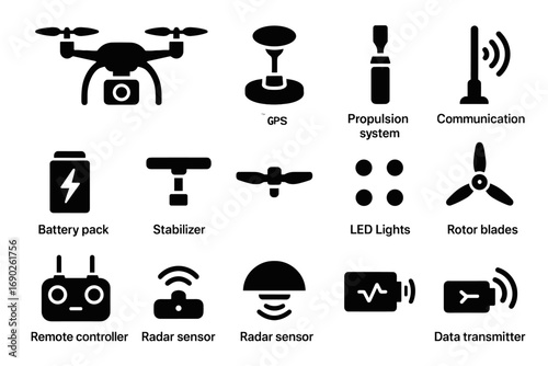 Controller quantum antenna gps data sensor icon drone quadcopter communication lights vector
