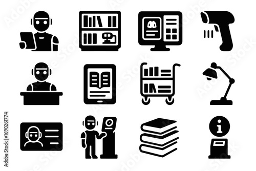 Book library card desk lamp bookshelves trolley reading icon icons futuristic vector