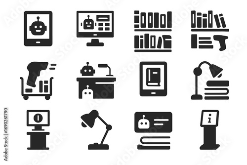Ai librarian kiosk tech vector trolley card library stack icon membership information