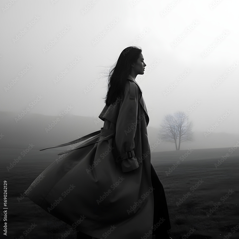 Naklejka premium Woman in trench coat walking in foggy field, side view.