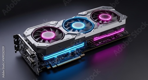 High end modern graphics card with RGB lighting three fans technology