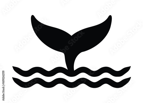 Majestic black whale tail emerging from stylized wavy water surface symbol