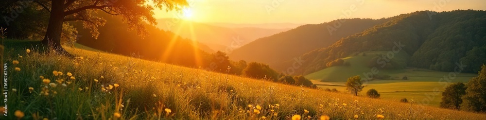 Naklejka premium Serene landscape bathed in golden sunlight, perfect for mindful solitude and self-care Find peace and tranquility in nature's embrace, fostering inner wellness , wellbeing, happy