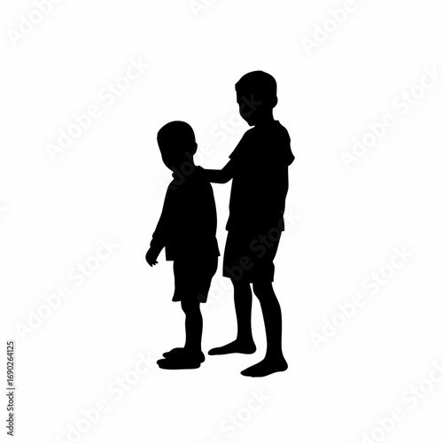 Silhouette of a boy comforting his younger brother isolated on white background