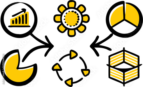 Diverse business and financial data visualization icons representing growth analysis pie chart cycle and strategy development planning progress