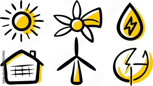 Collection of renewable energy icons representing solar power wind energy water hydro power and sustainable green energy solutions for a brighter future