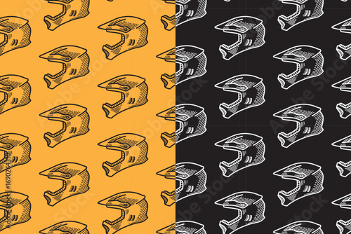 Motocross helmet engraving seamless pattern on yellow black background. Biker headgear line art doodle pattern background. Motorcycle protective helmet hand drawn motif wallpaper. Sport gear merch