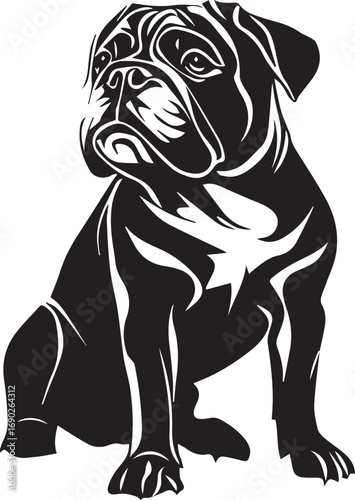 Stylized pug dog silhouette, black and white design, sitting pose, vector art.