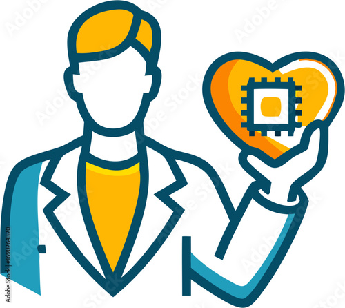 Medical professional with a chip on a heart symbolizing health technology and artificial intelligence in cardiology healthcare innovation