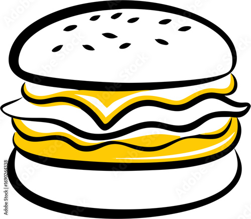 A simple stylized illustration of a burger with sesame seeds on top and layered fillings including cheese and patty