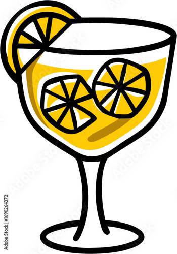 A refreshing yellow beverage garnished with citrus lemon slices served in a stemmed glass perfect for summer refreshment and chilling out