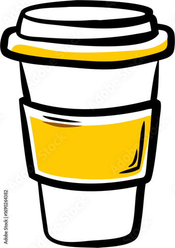 A simple drawing of a white disposable coffee cup with a yellow band around it and a matching yellow lid is presented in this illustration