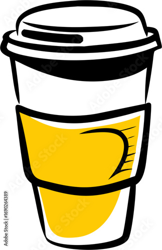 A simple and clean illustration of a disposable paper coffee cup with a lid and a bright yellow insulating sleeve for hot beverages