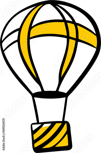 A simple graphic illustration of a yellow and black striped hot air balloon with a basket ready for flight adventure travel exploration journey