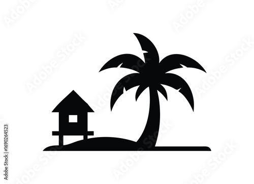 Tropical paradise silhouette beach hut and palm tree island getaway scene