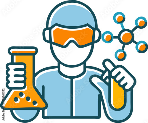 A scientist in protective gear holding laboratory flasks and test tubes with a molecular structure illustration representing chemistry research and development
