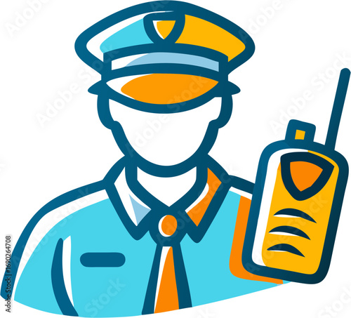Icon representing a security guard or police officer wearing a uniform and hat holding a radio for communication and surveillance duty
