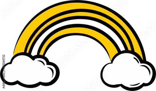 A bright yellow rainbow arching over fluffy white clouds in a beautiful colorful meteorological optical phenomenon symbol of hope and dreams