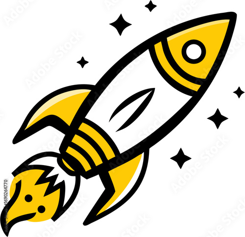 A stylized yellow and white cartoon rocket ship blasts off with fiery exhaust and sparkling stars symbolizing launch progress and future exploration