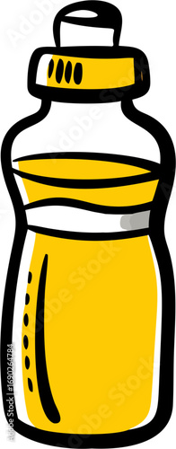 A hand drawn illustration of a yellow liquid filled sports water bottle with a white lid and cap representing hydration and fitness