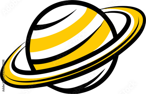 Yellow and white striped planet with rings representing space exploration cosmic adventure and futuristic celestial discovery