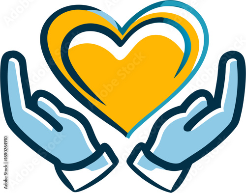 Caring hands gently holding and protecting a vibrant yellow heart symbolizing love compassion health wellness and support for others