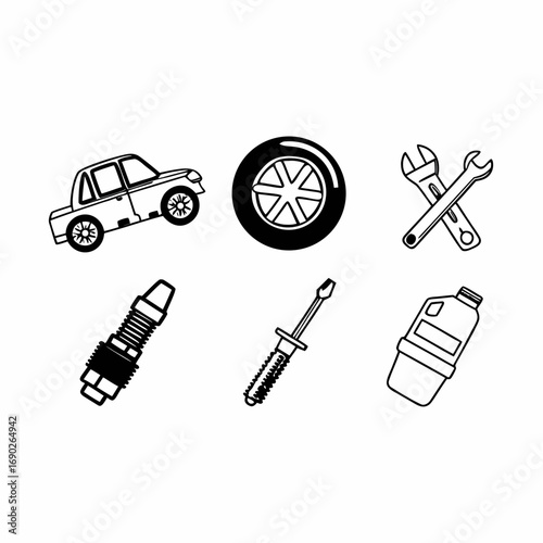 Car repair tools and parts icons, including wrench, tire, spark plug, and oil