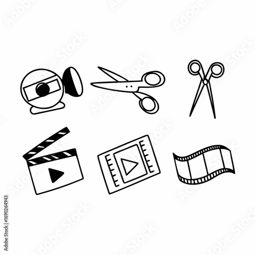 Hand drawn illustration of video editing tools clapperboard, scissors, film