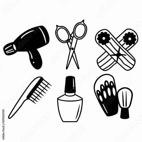 Beauty salon and spa icons hair dryer, scissors, nail polish and brush