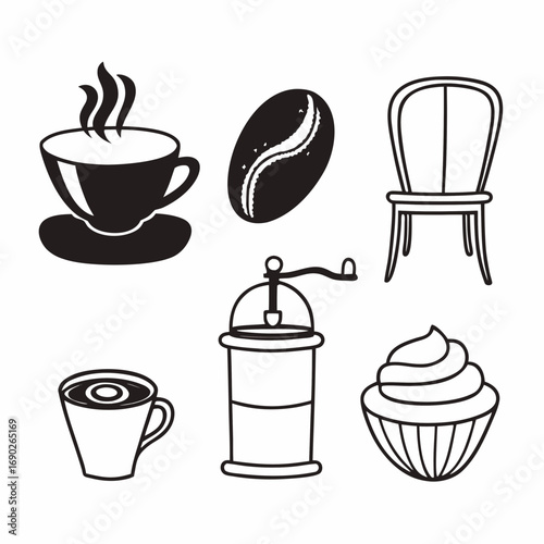Coffee shop doodle set featuring coffee cup, bean, chair, and coffee grinder