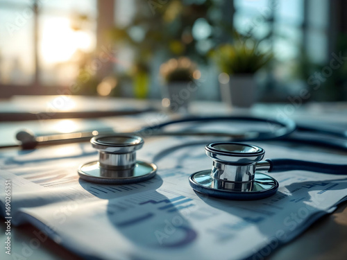 Stethoscopes on top of medical reports in a sunlit office.