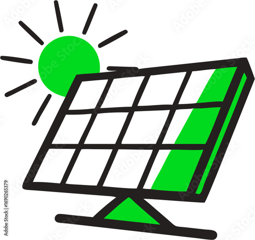 A green solar panel is illuminated by a bright cartoon sun representing renewable energy and environmental conservation solutions for a sustainable future