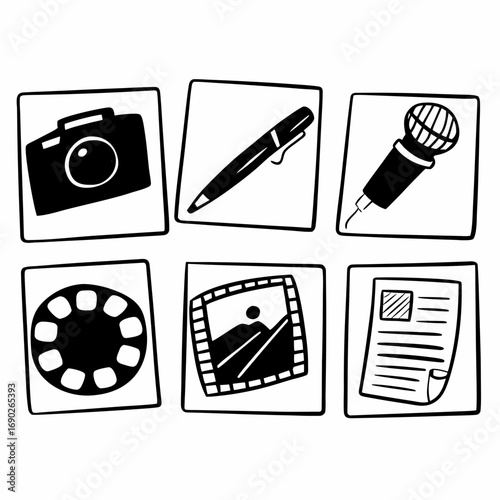Collection of media creation icons including camera, pen, microphone, film, photo and paper