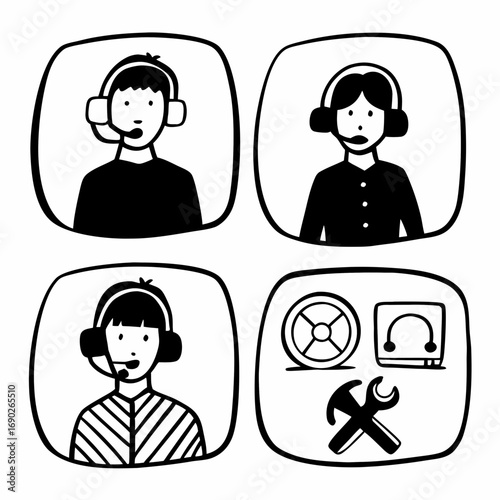 Online customer service and technical support team icons