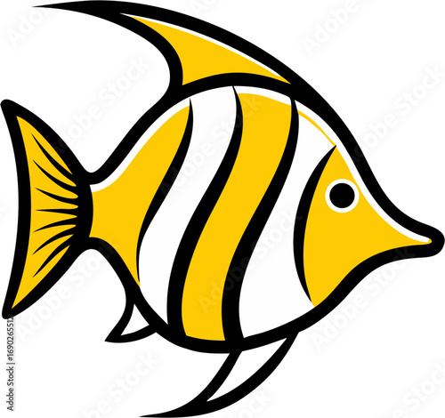 A stylized illustration of a tropical butterflyfish with bright yellow stripes and a distinctive pointed snout swimming elegantly in the ocean water