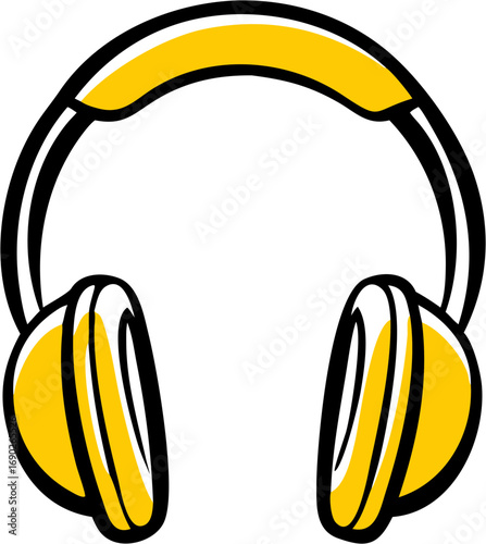A vibrant yellow illustration of a pair of over ear headphones with bold black outlines symbolizing audio music entertainment listening sound technology