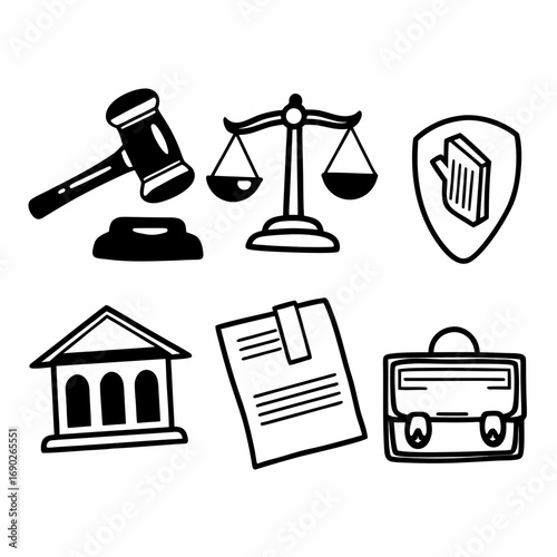 Hand drawn law and justice icon set, perfect for legal themes