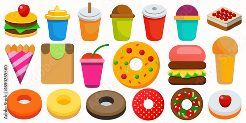 A high-resolution flat-lay image of 80 realistic food and drink items arranged in neat rows on a clean white background. The items include fresh fruits like cherries and apples, dairy products like ch