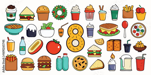 A high-resolution flat-lay image of 80 realistic food and drink items arranged in neat rows on a clean white background. The items include fresh fruits like cherries and apples, dairy products like ch